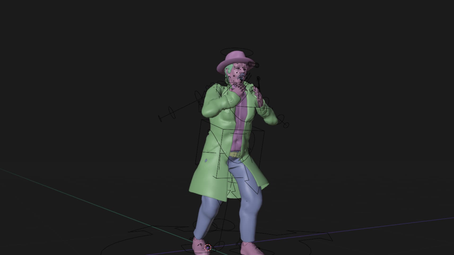 Rigged stylized character with visible animation controls during pose setup