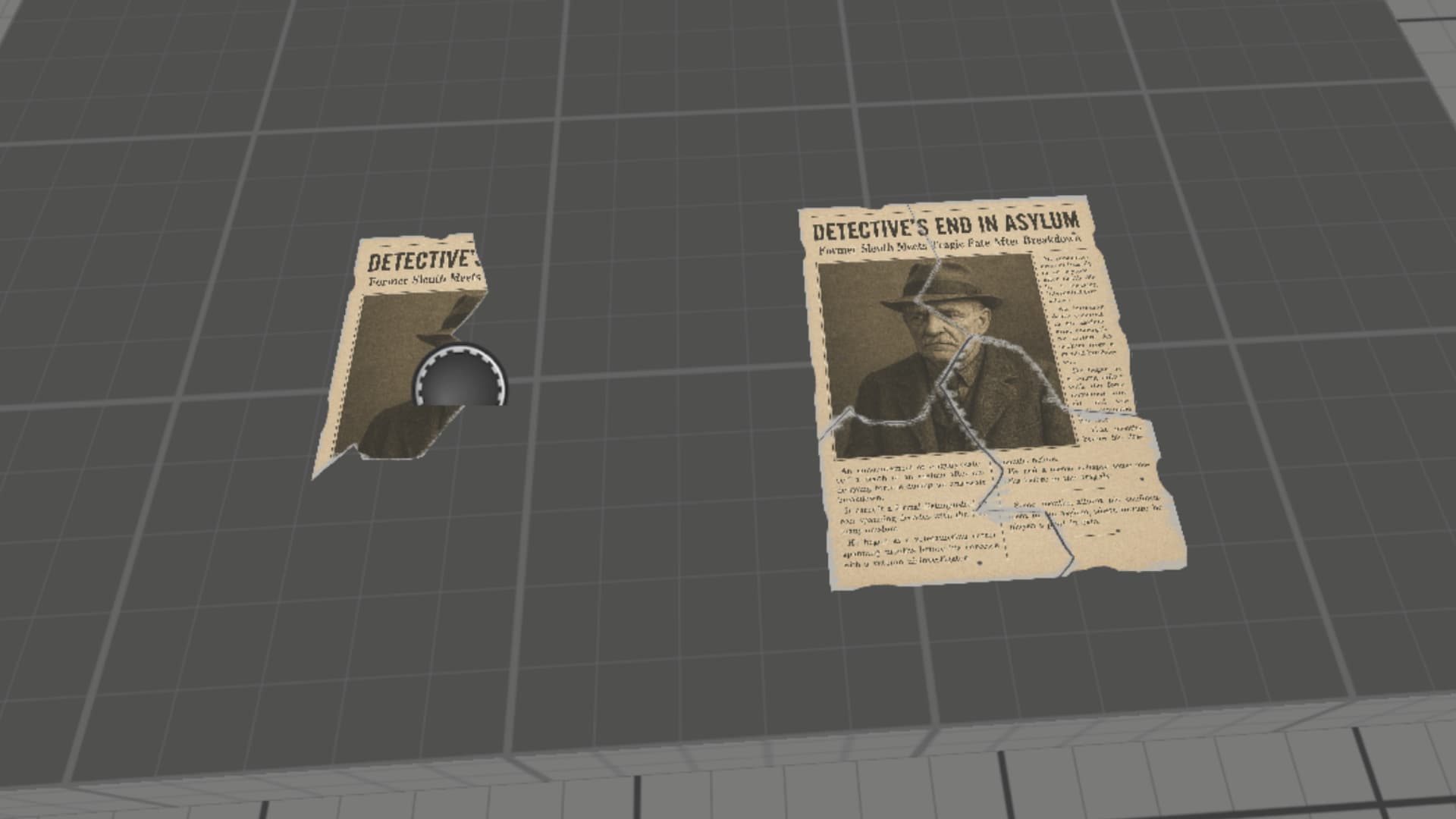 Game prop textures featuring torn detective newspaper layouts in a 3D editor