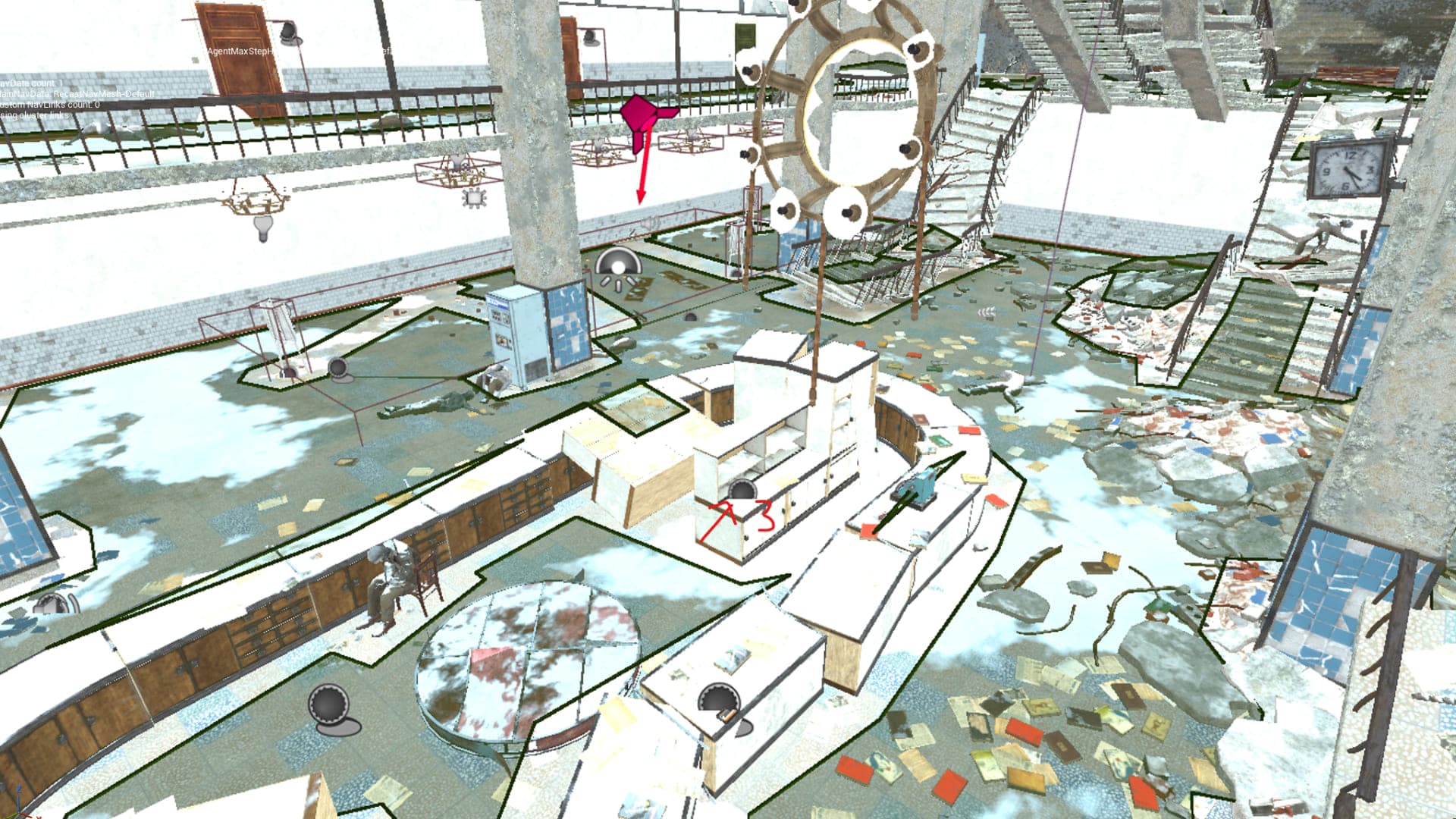 Level blockout of a deteriorated interior space with gameplay markers and environmental detail